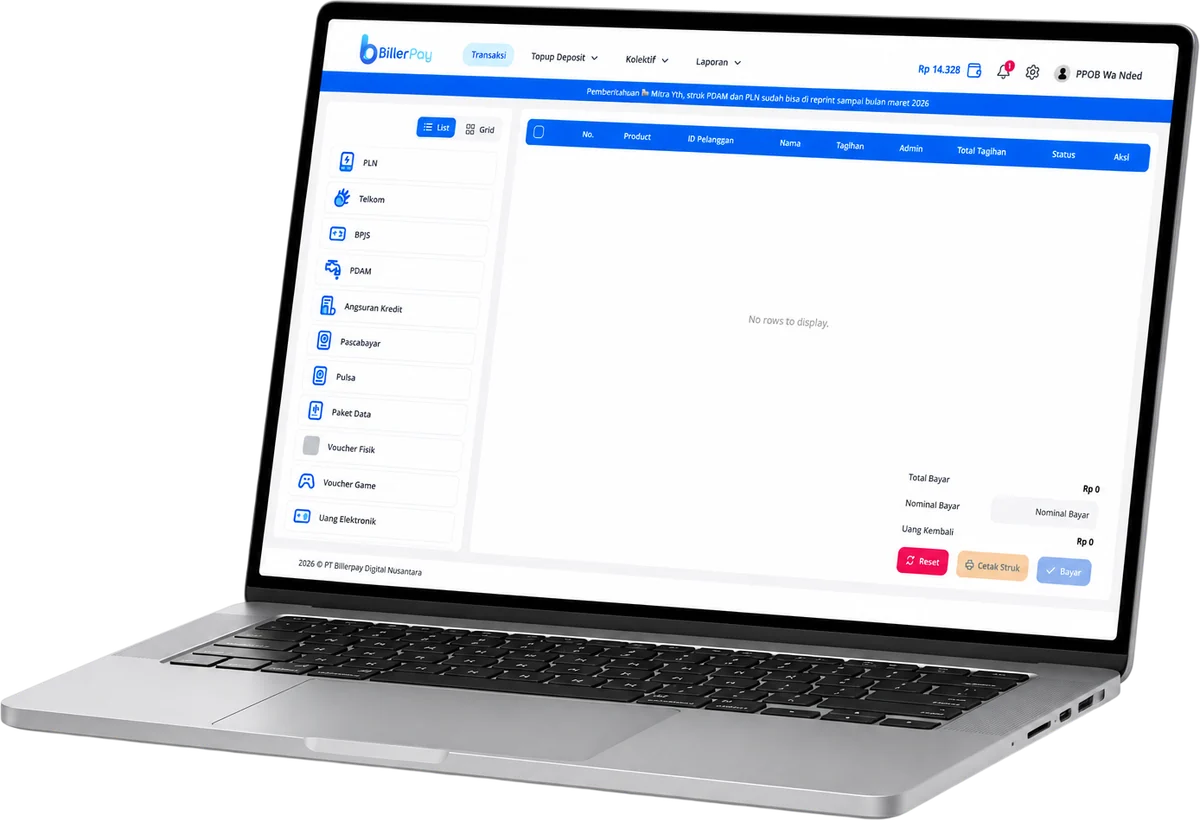 Portal mitra web Billerpay di laptop
